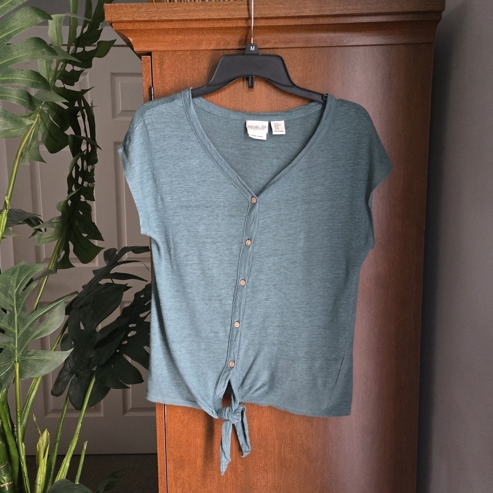 Rachel Zoe Teal Button Front Shirt Xs Tie Bottom